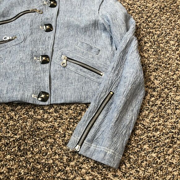 Bensoni Linen Jacket 0 Moto / Biker Cropped Light Blue Pockets Lined - Picture 8 of 12